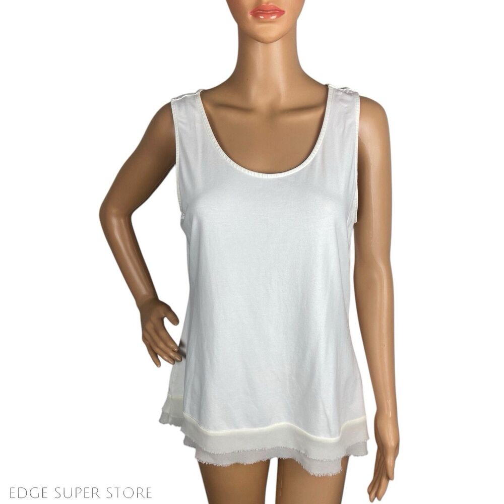 Coldwater Creek White Sleeveless Fringe Trim Tank Blouse Top Size Medium 10-12